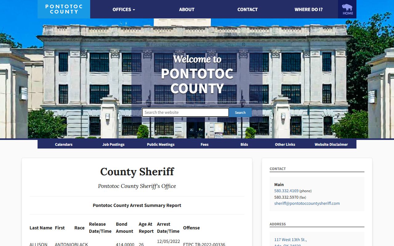 Pontotoc County Justice Center arrest summary inmate lookup fields