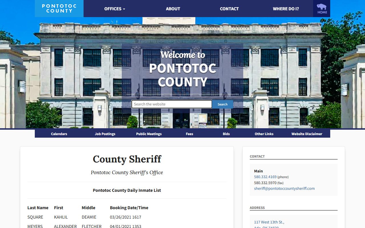 Pontotoc County Daily Inmate List for inmate population search