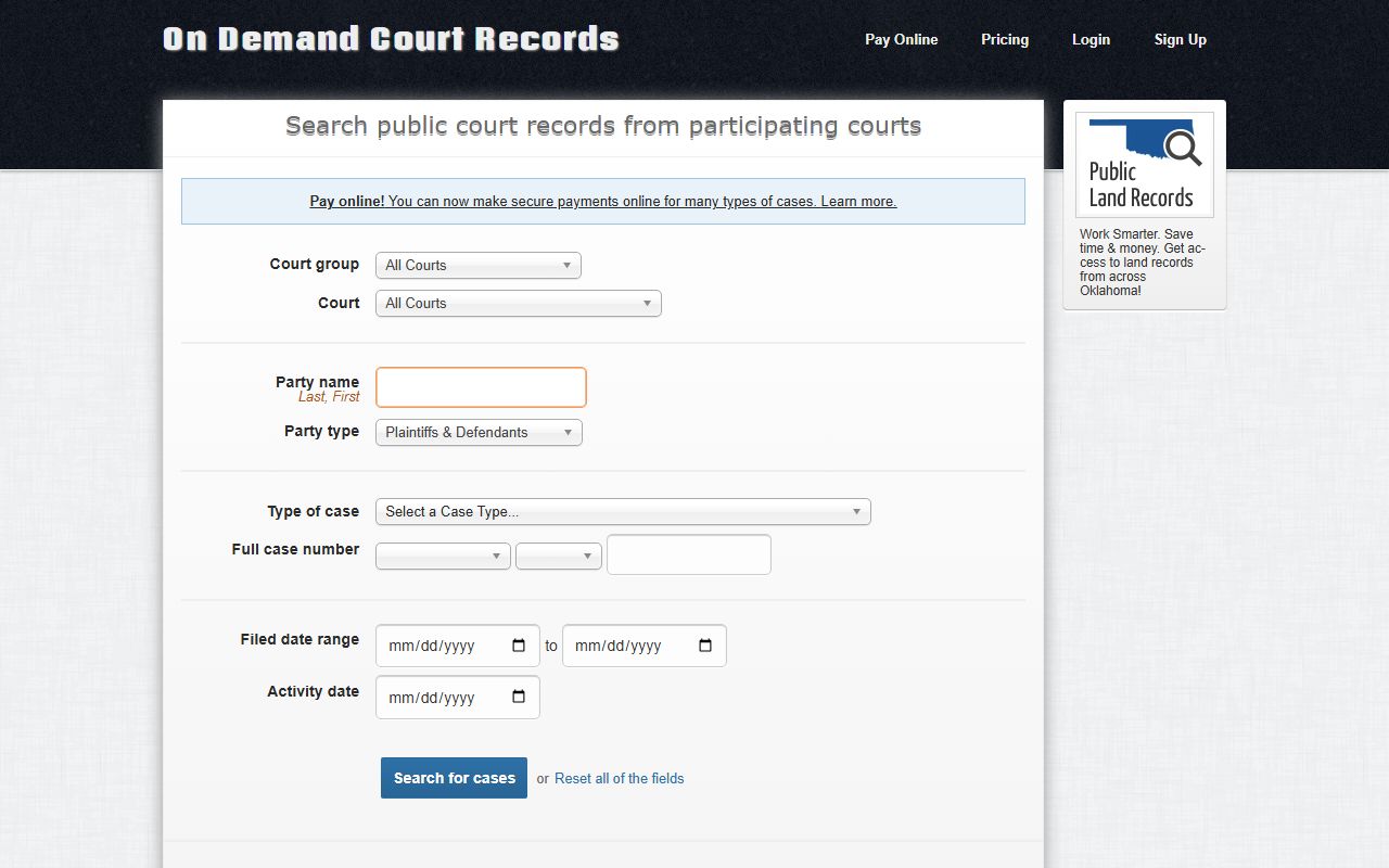 Pontotoc County ODCR search fields for court records after jail arrest